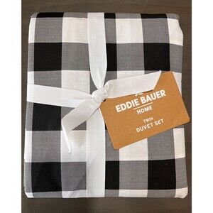 EDDIE BAUER Twin Duvet Cover Set 100% Cotton Black White Mountain Buffalo Plaid
